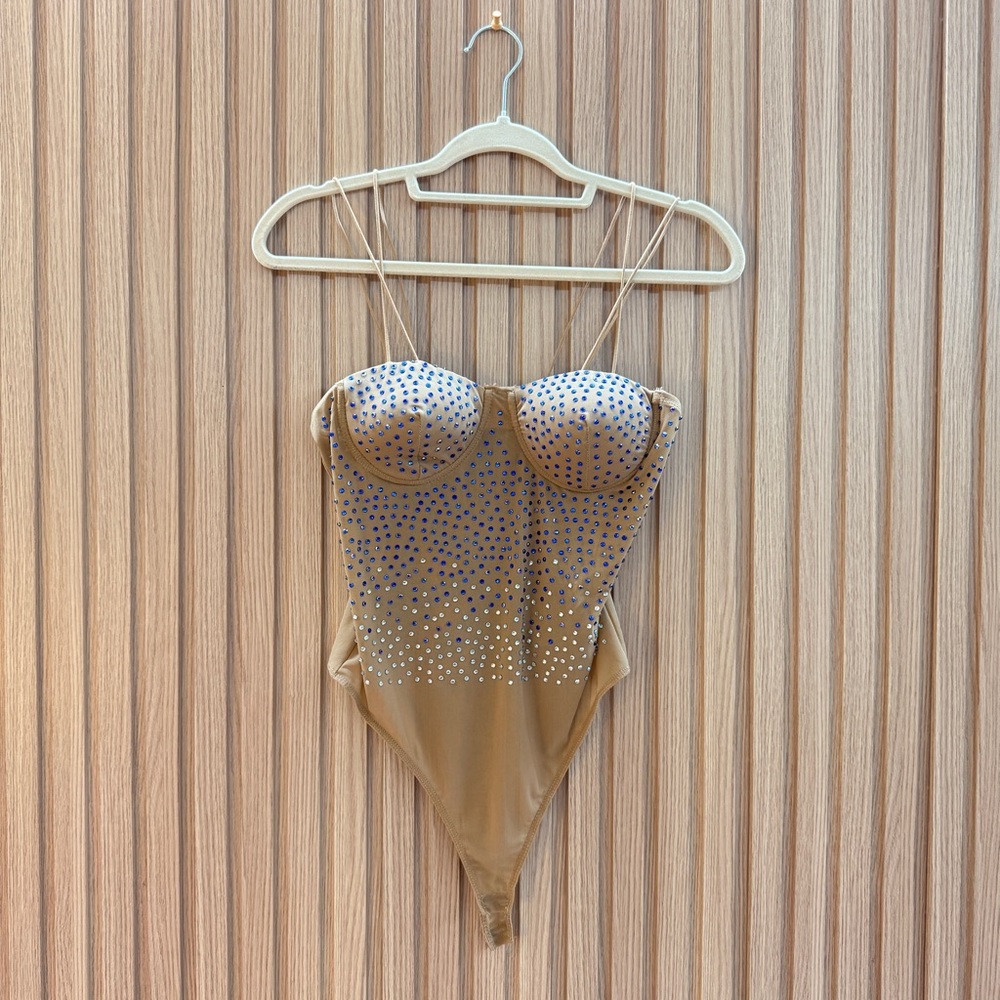 Haute Monde Beige Bodysuit with Blue Accents